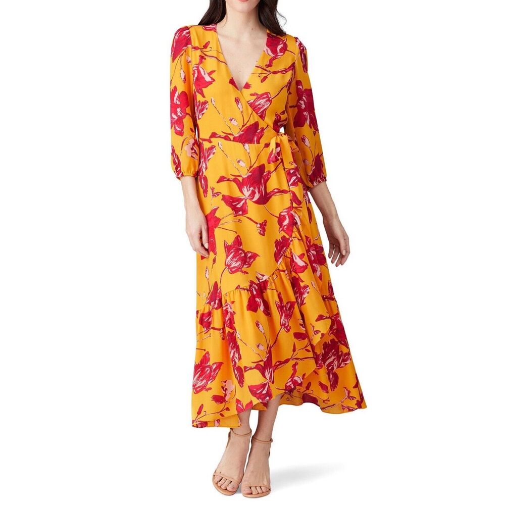 Color Me Courtney Dress Women Small Eleanor Wrap Floral Print Yellow Midi Ruffle